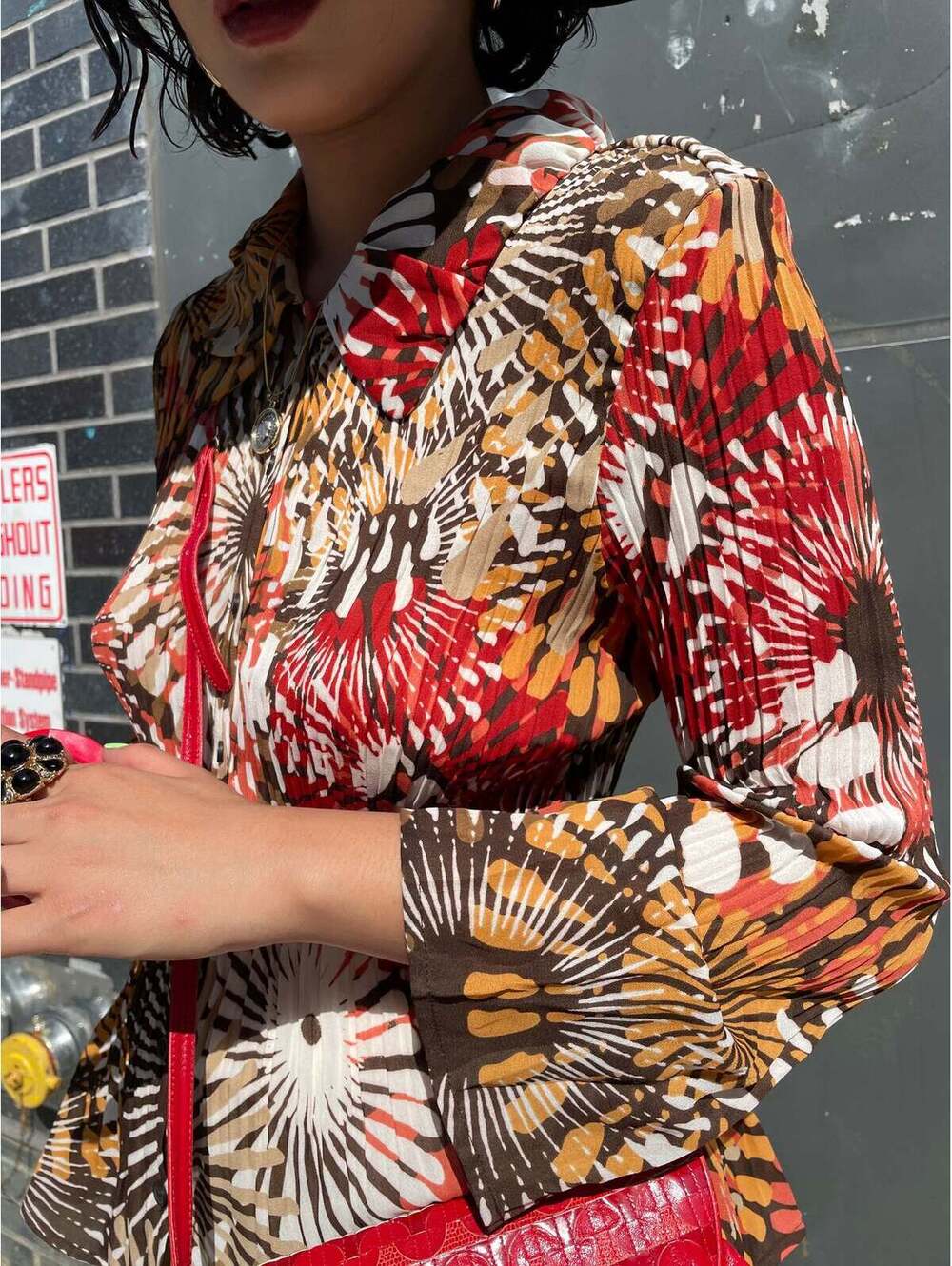 Pleated Floral Bell Sleeve Blouse